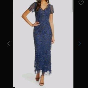 Pisarro Nights Beaded V-Neck Mesh Column Gown, Ankle Length, Pisarro Nights